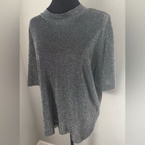 Lauren Lee, Silver Vintage Lurex Sparkly Mockneck Short Sleeve Top